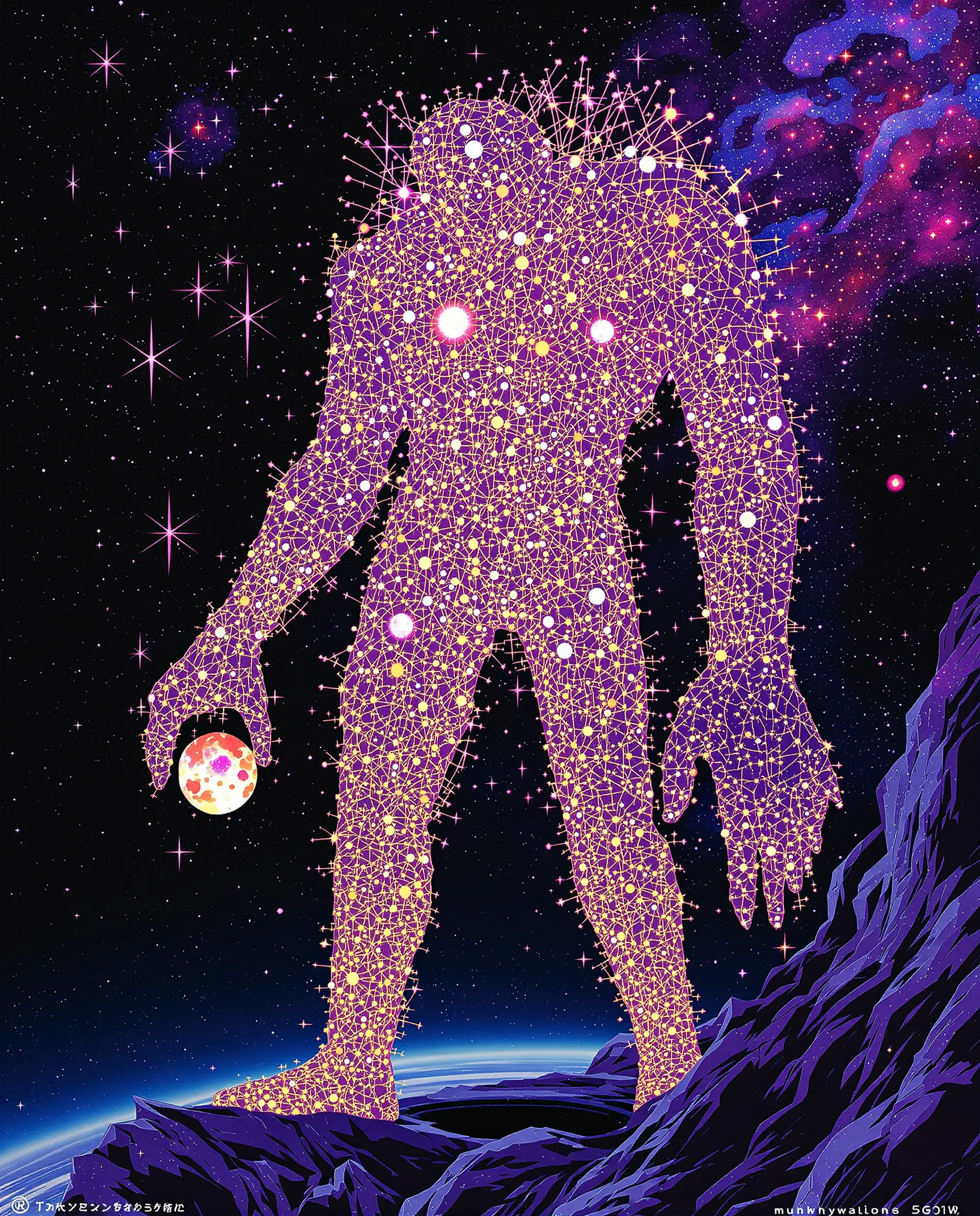 A colossal astral titan of stars and stone presiding over a darkened battlefield.