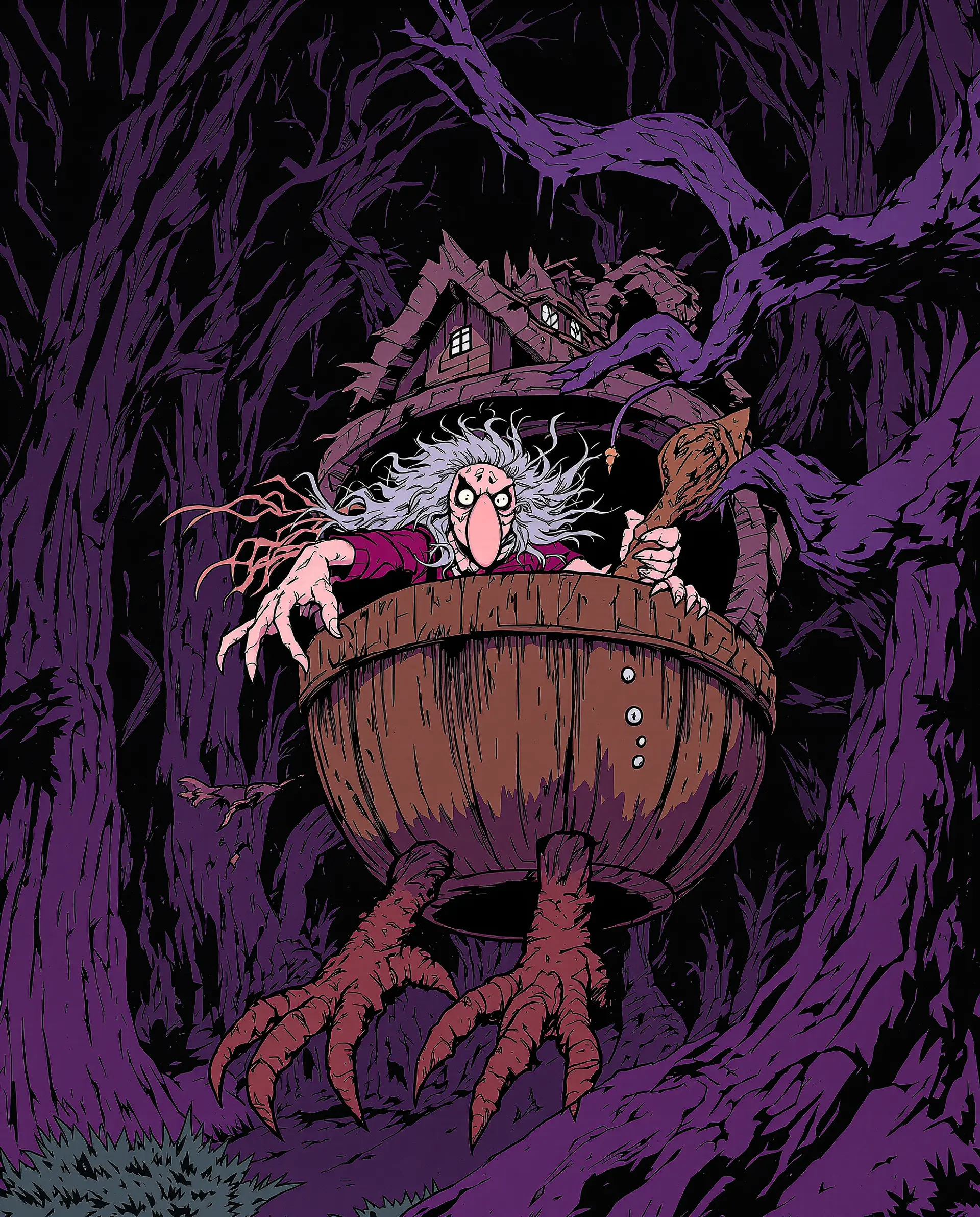 A witch of the deep woods stirring a cauldron of starlight under a violet moon.
