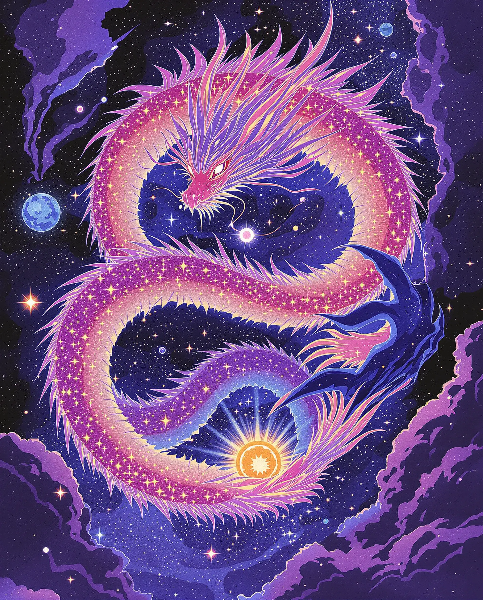 A vast cosmic dragon wreathed in nebulae, filling a dark violet sky.