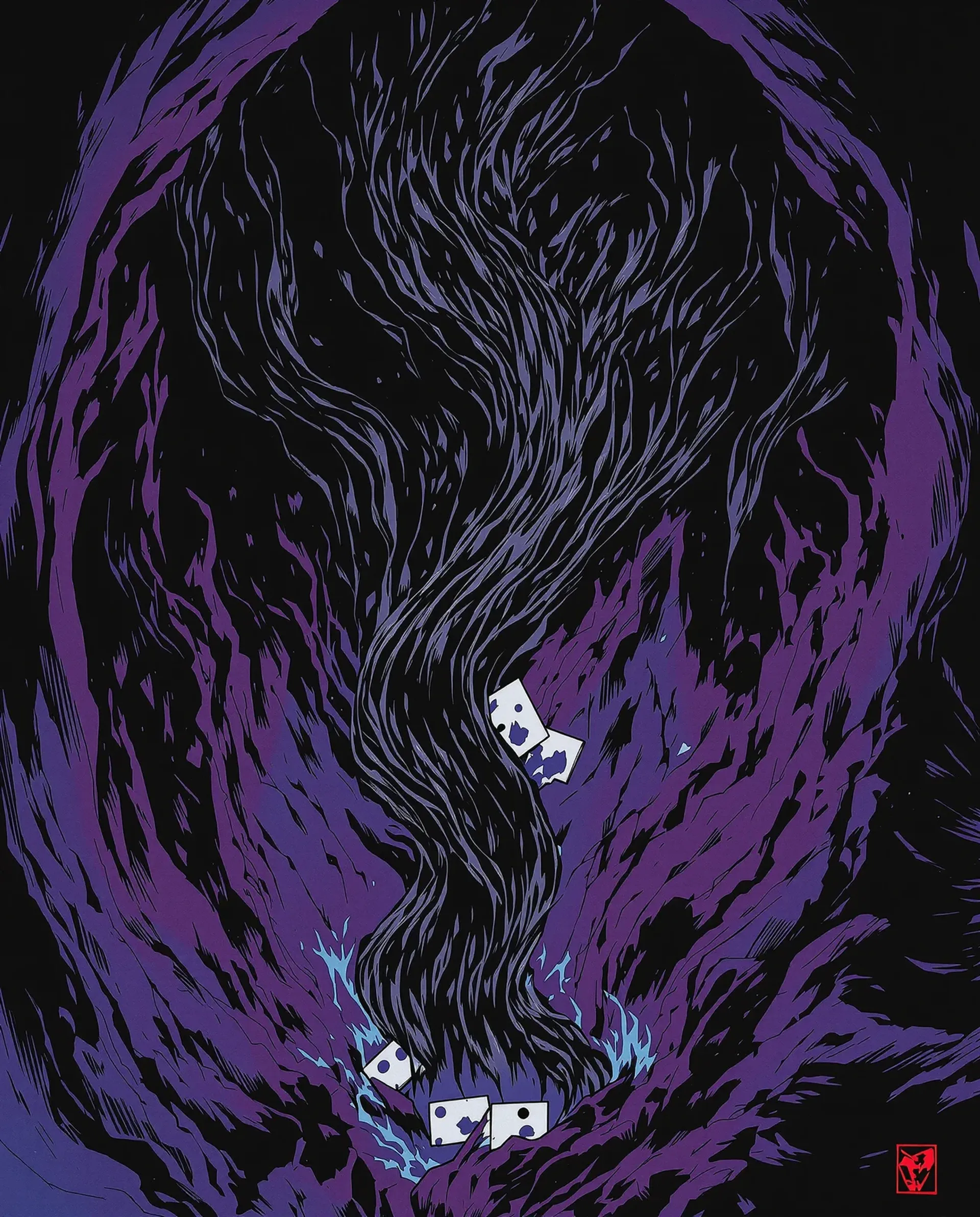 A dark maelstrom of black and violet, drawing loose cards down into a starless void.