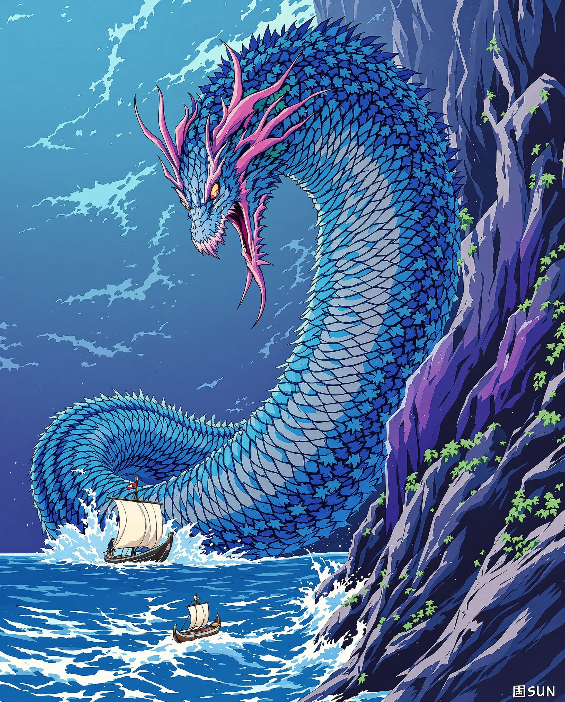 A colossal sea serpent of blue scales coiling above a tiny ship at dusk.