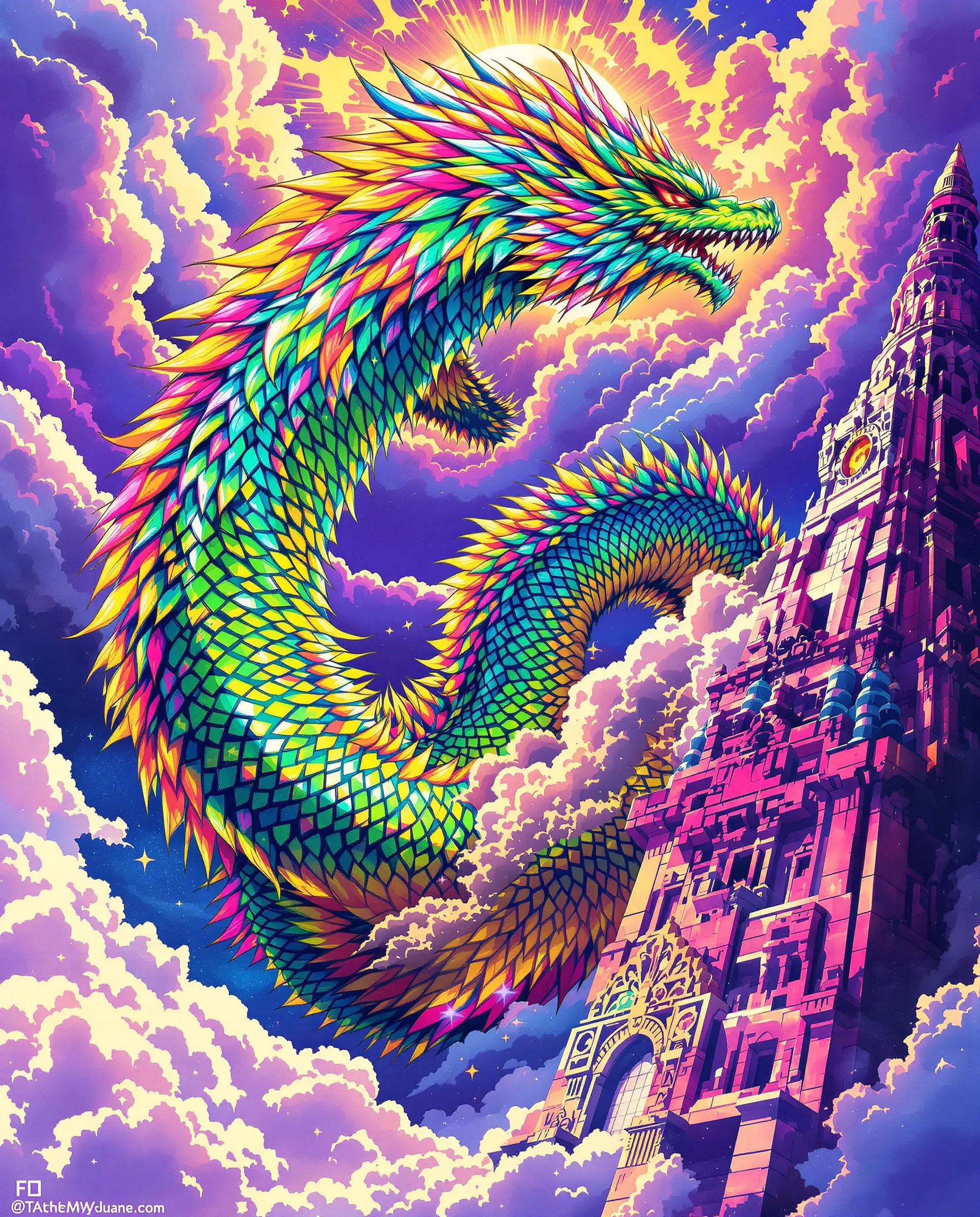 A luminous feathered serpent coiling through a violet, star-strewn sky.