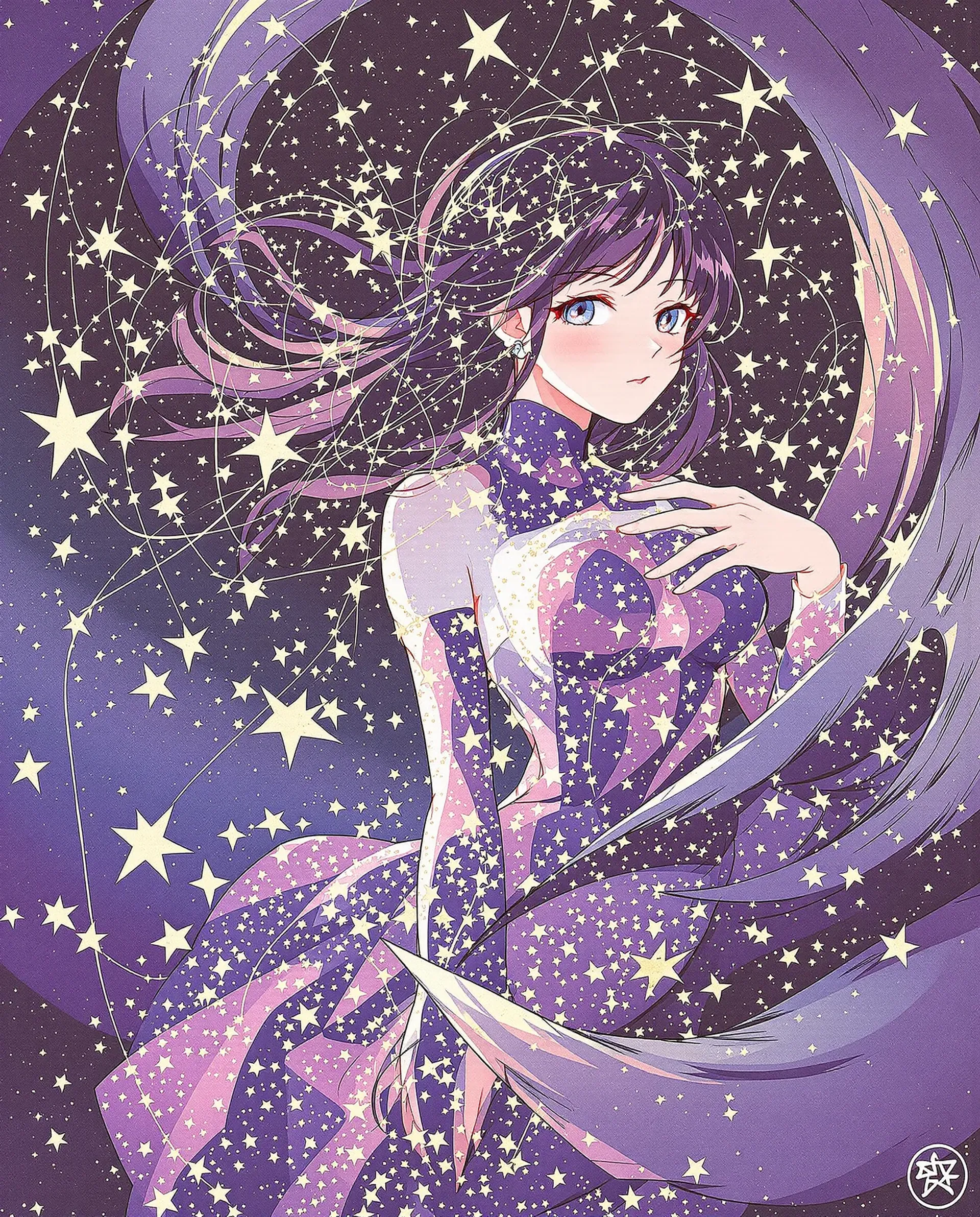 A maiden with star-woven violet hair, trailing constellations across a deep purple sky.