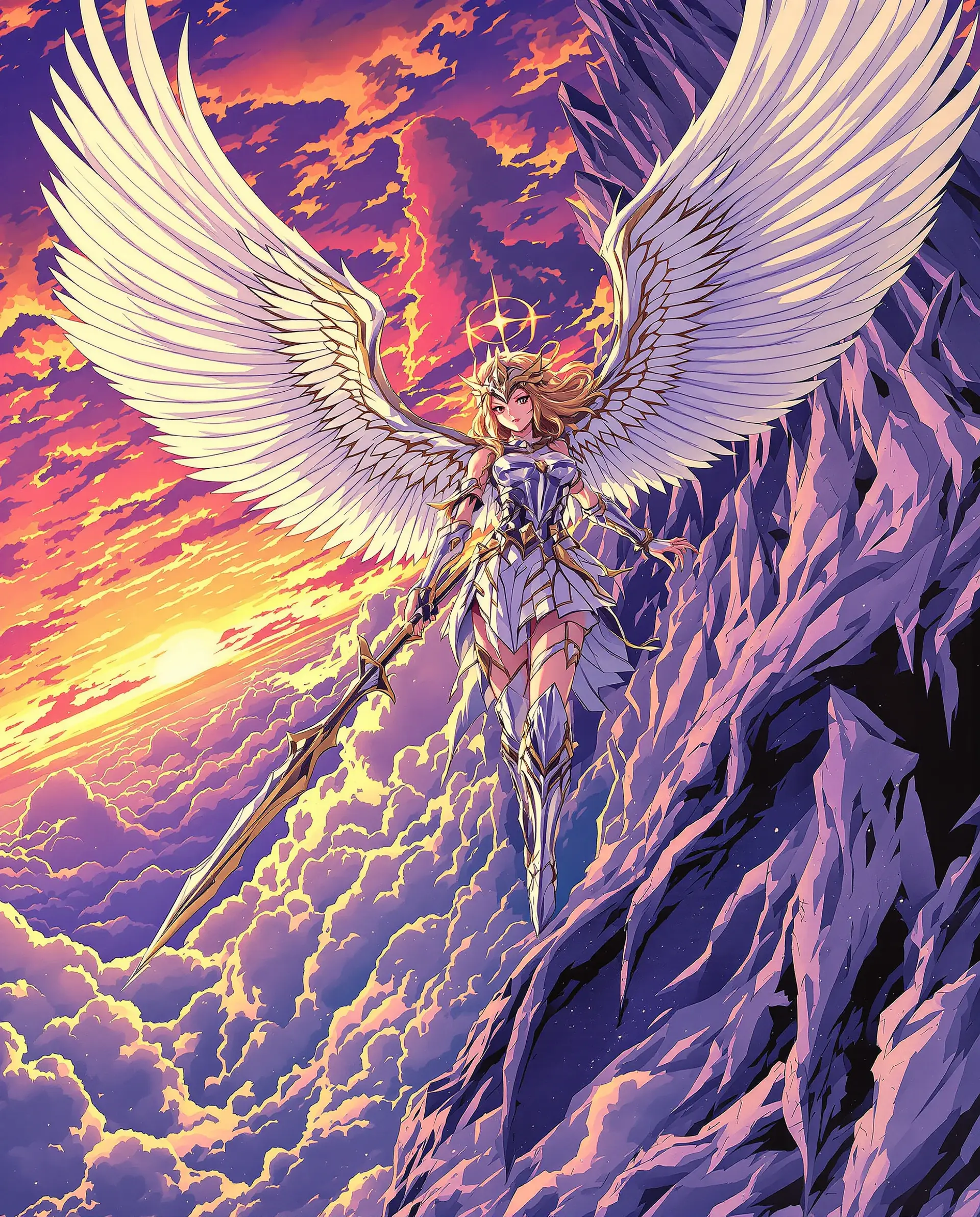 A winged summoner holding a blade above a sea of cloud, weighing what passes and what does not.