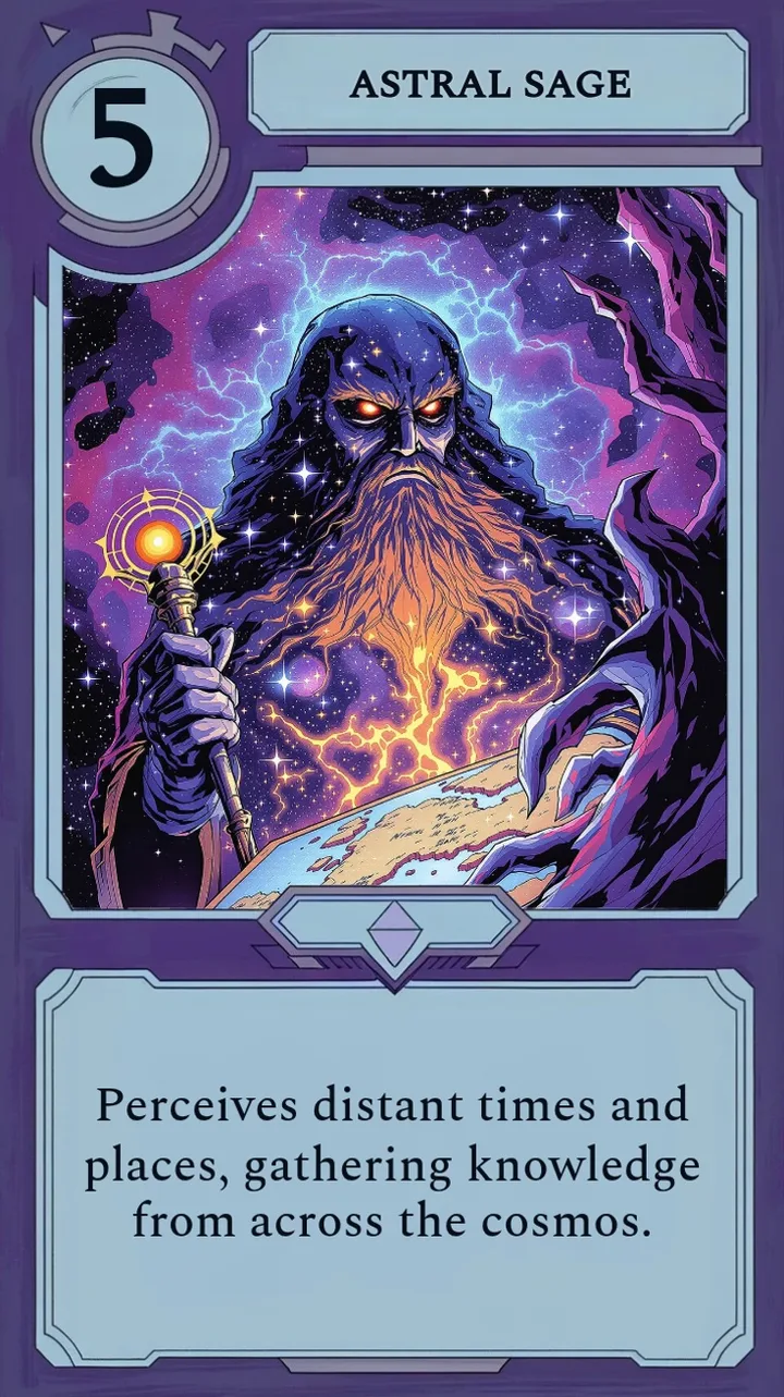 A Moonfall card of an astral sage who perceives distant times and places.