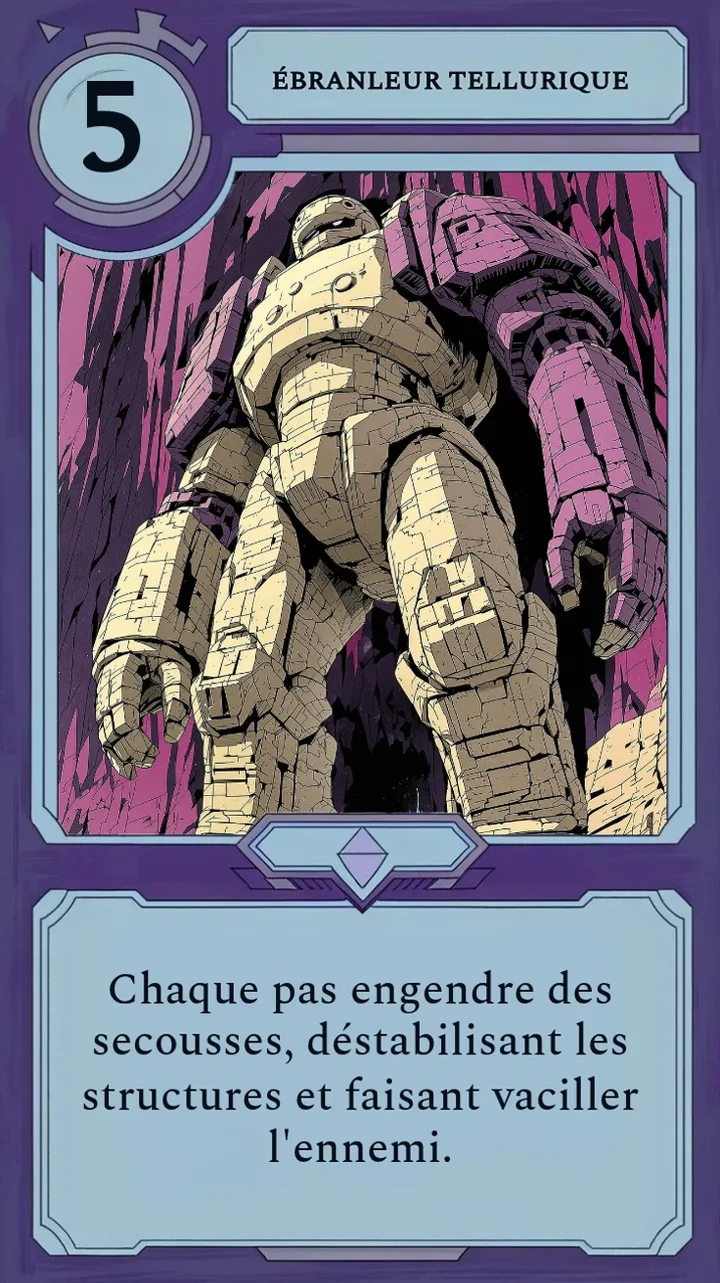 Une carte Moonfall représentant un titan qui fait trembler la terre, affichant un coût en mana et un texte d'ambiance mais aucune valeur d'attaque ni de vie.