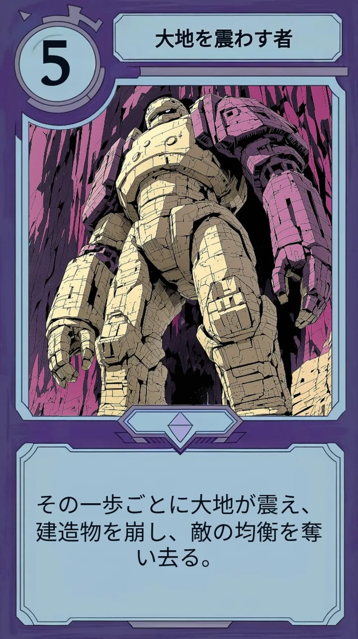 大地を揺るがす巨神を描いた Moonfall のカード。マナコストとフレーバーテキストはあるが、攻撃力も体力の数値もない。