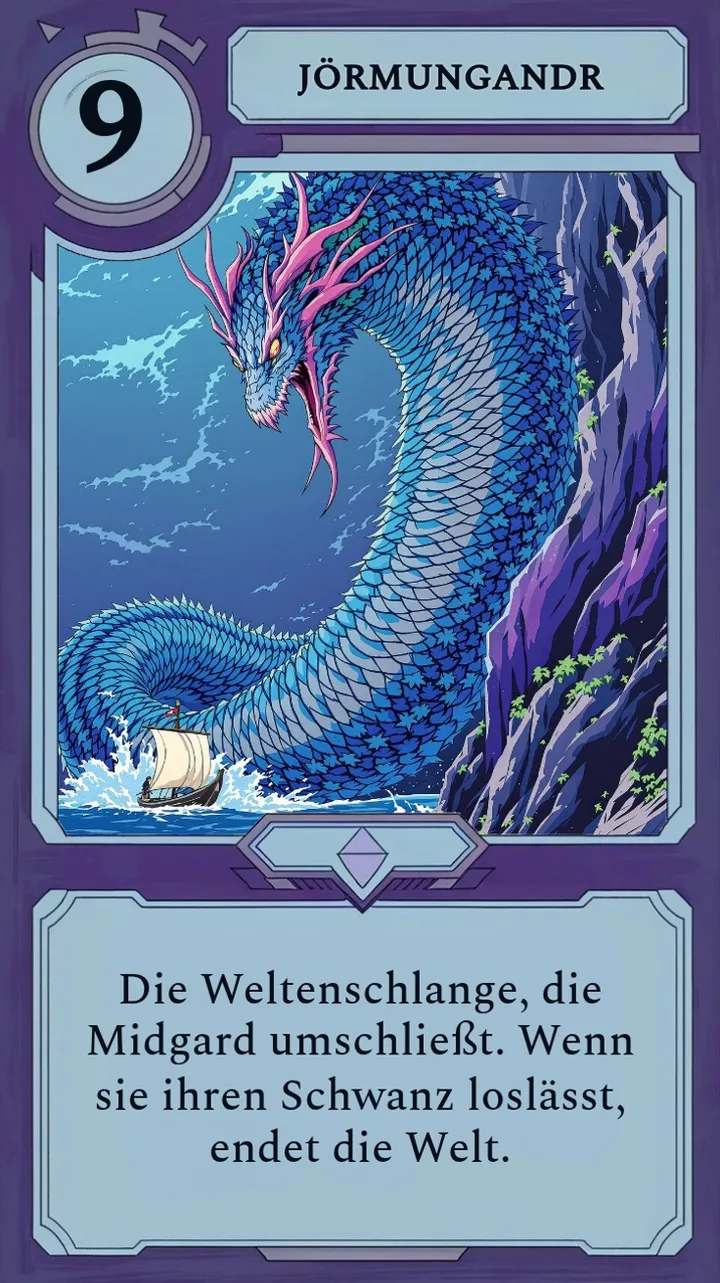 Eine Moonfall-Karte, die eine Weltenschlange zeigt, deren kurze Beschreibung sich wie ein Prompt liest statt wie ein Werteblock.