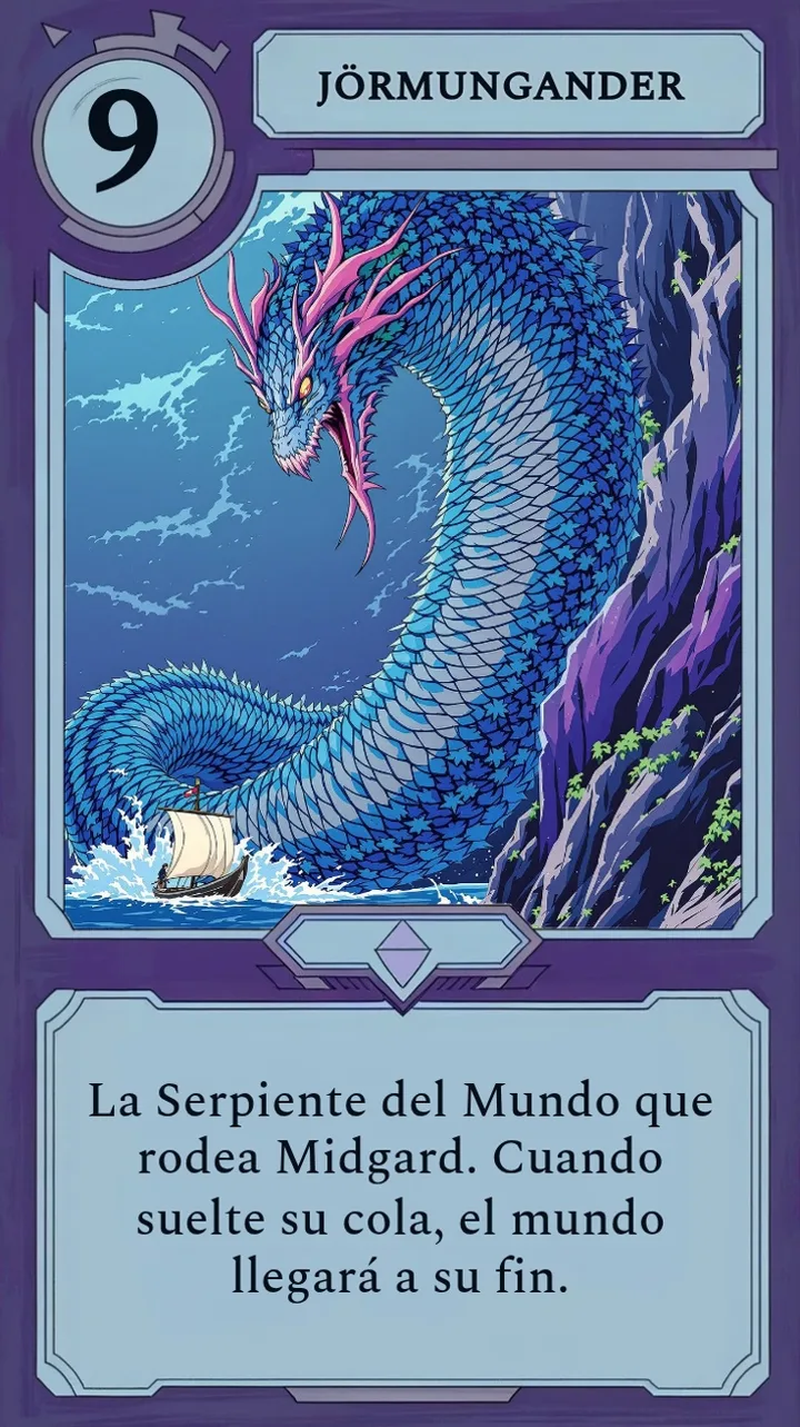 Una carta de Moonfall que representa a una serpiente-mundo, cuya breve descripción se lee como un prompt en lugar de un bloque de estadísticas.