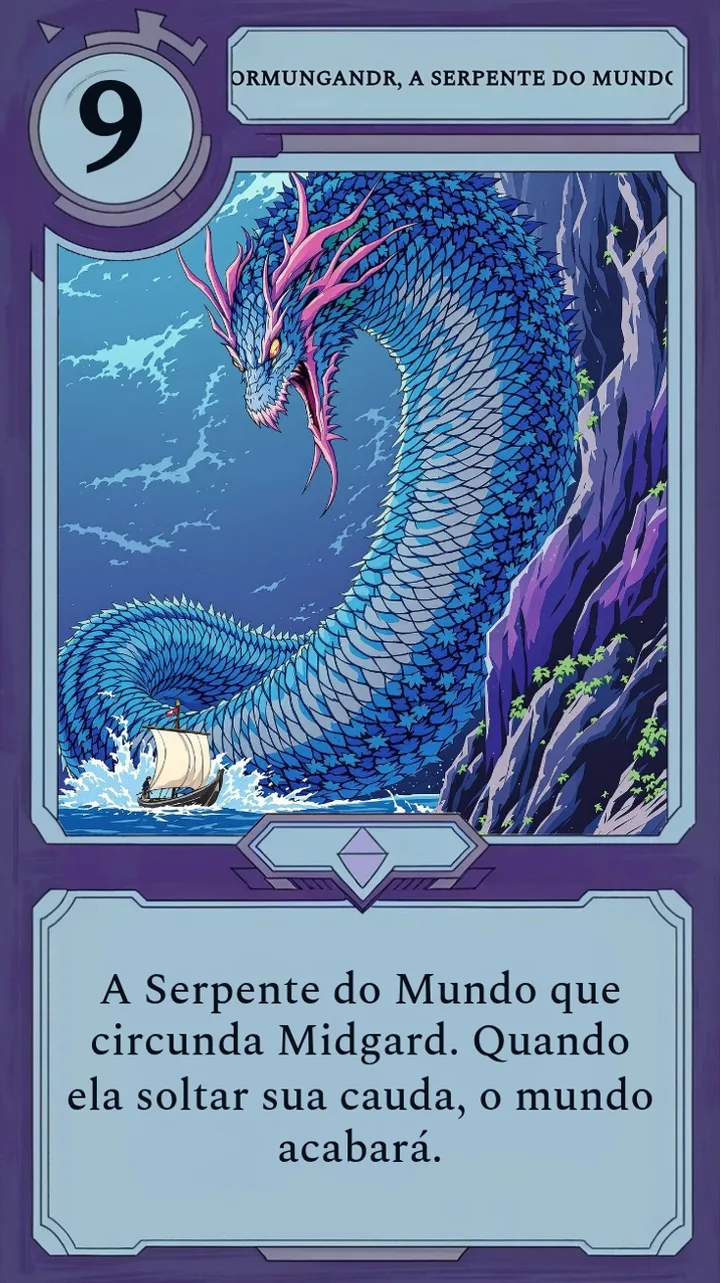 Uma carta de Moonfall retratando uma serpente-mundo, cuja breve descrição soa como um prompt, e não como um bloco de atributos.