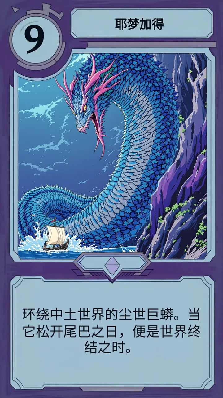 一张 Moonfall 卡牌描绘着一条环世巨蛇，它简短的描述读起来像一段提示词，而非一张数值面板。