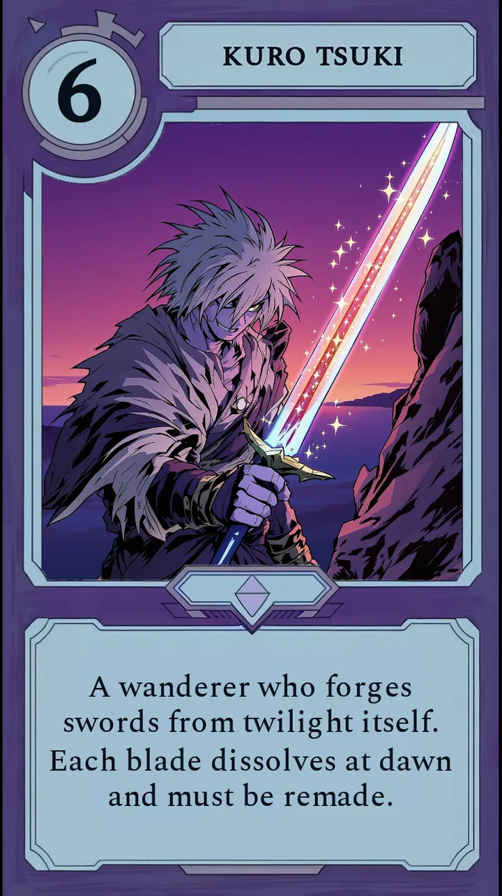 A Moonfall character card of a moonlit swordsman who stars in the tale.