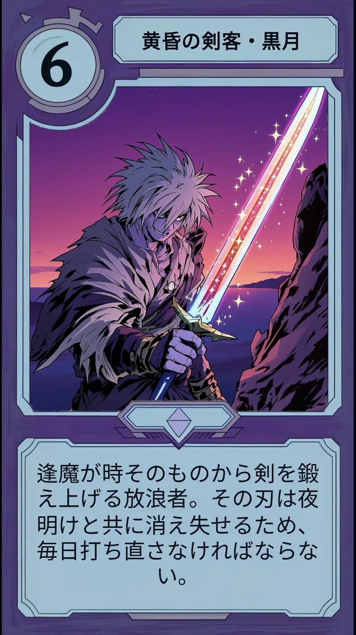 物語の主役を務める、月光の剣士を描いた Moonfall のキャラクターカード。