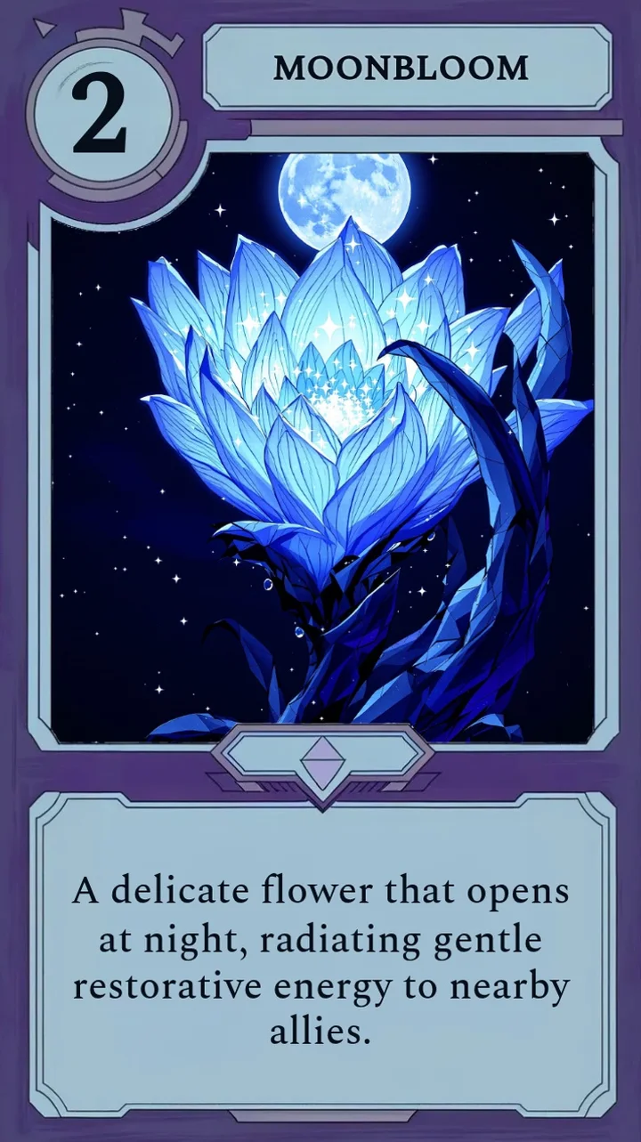 The Moonfall card Moonbloom, a glowing blue flower under a full moon.