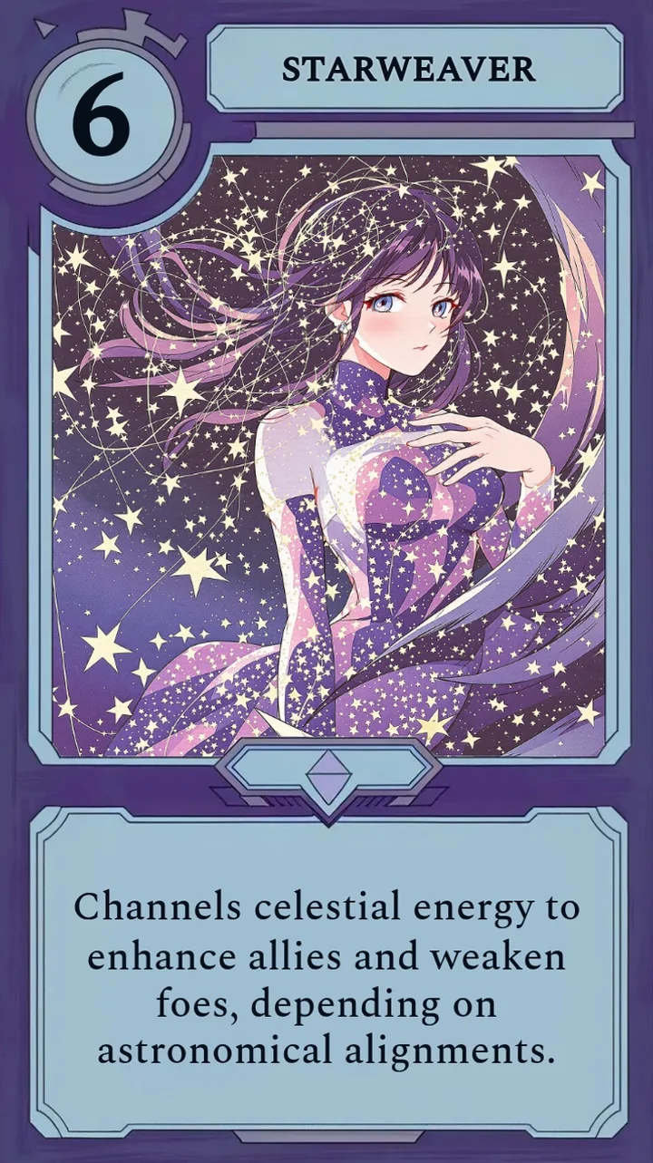 A Moonfall character card showing a celestial weaver, with a mana cost and a short line of flavor text instead of attack or health numbers.