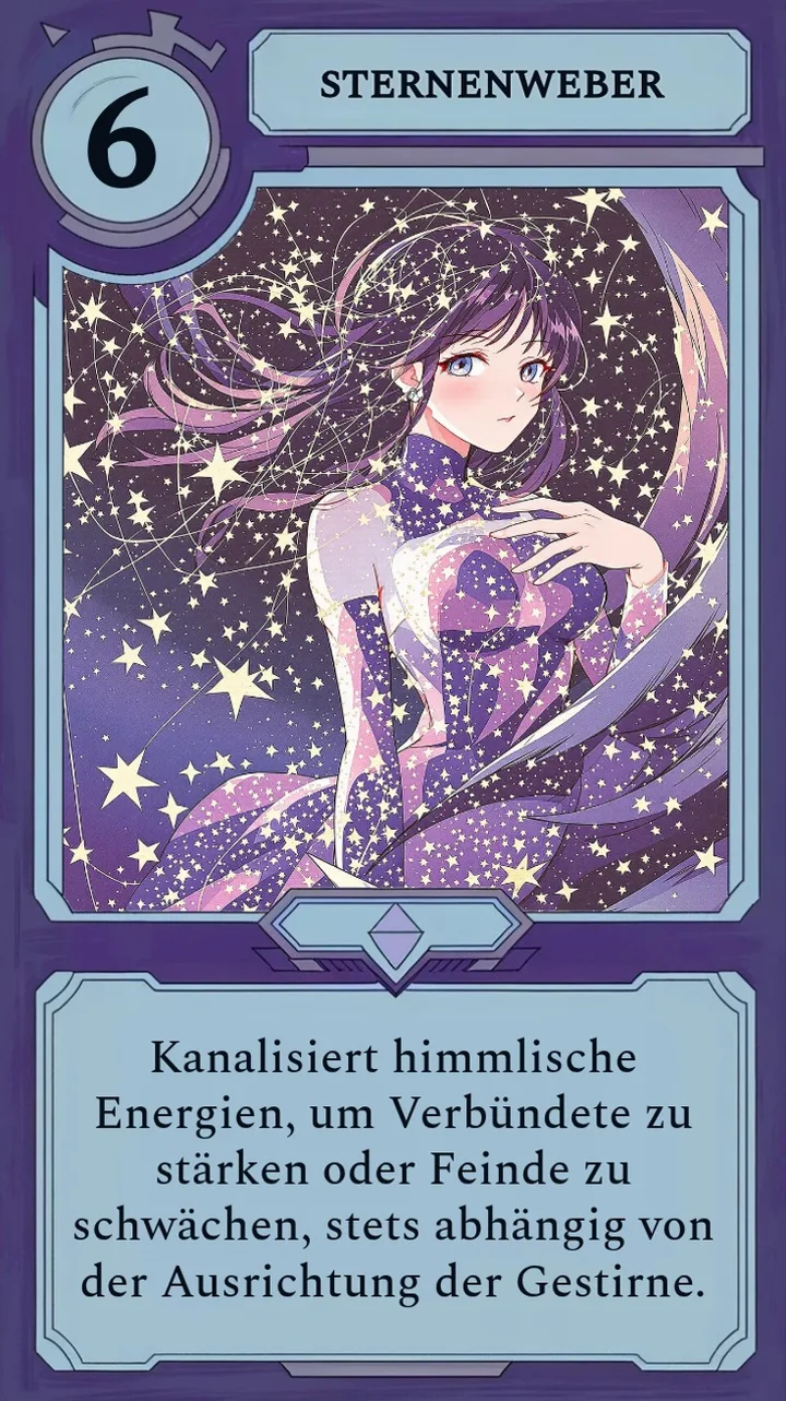 Eine Moonfall-Charakterkarte, die einen himmlischen Weber zeigt, mit Manakosten und einer kurzen Zeile Flavortext statt Angriffs- oder Lebenswerten.