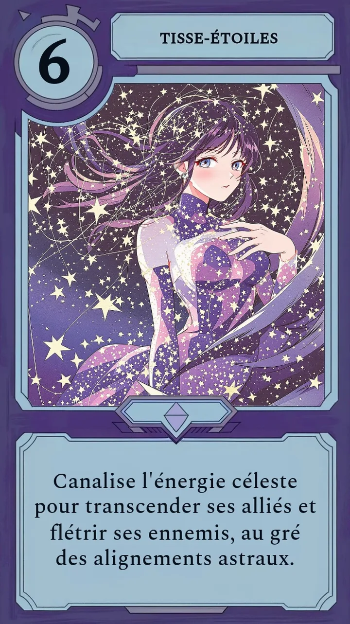 Une carte personnage de Moonfall représentant une tisseuse céleste, avec un coût en mana et une courte phrase d'ambiance à la place de valeurs d'attaque ou de vie.