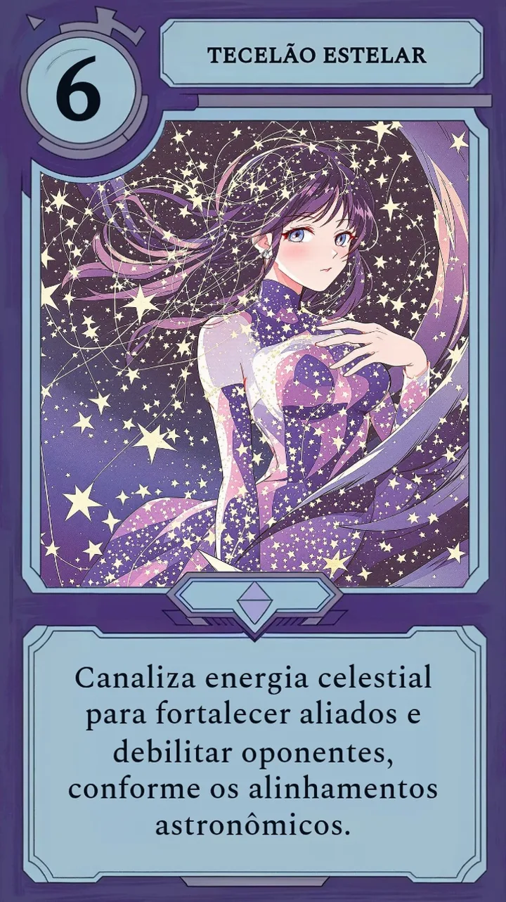 Uma carta de personagem de Moonfall mostrando uma tecelã celestial, com um custo de mana e uma breve linha de texto de ambientação em vez de números de ataque ou vida.