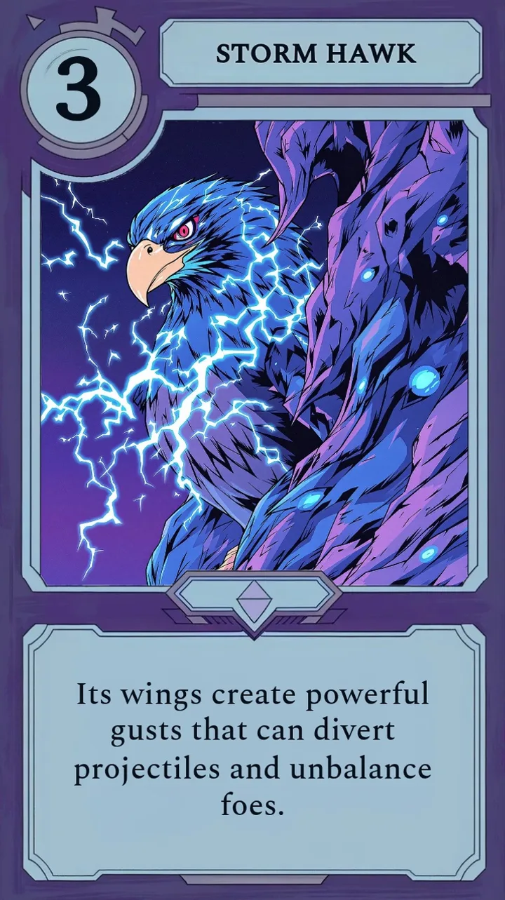 The Moonfall card Storm Hawk, a hawk wreathed in lightning.