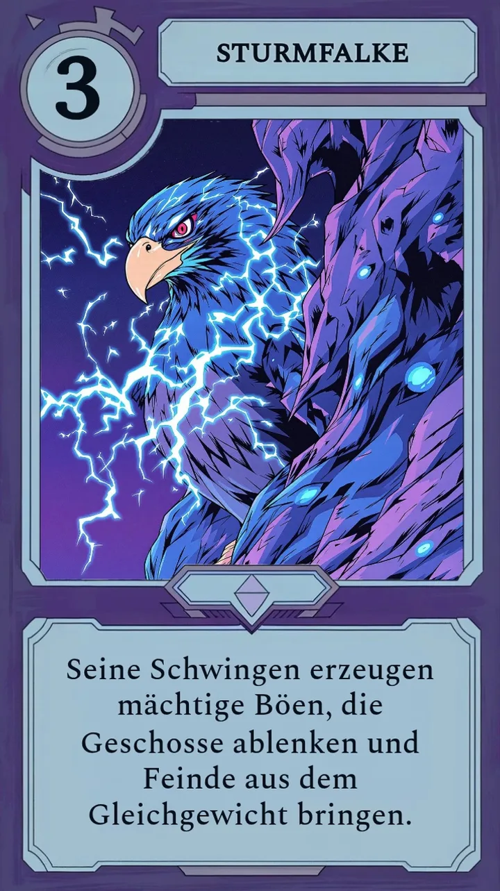 Die Moonfall-Karte Sturmfalke, ein von Blitzen umhüllter Falke.