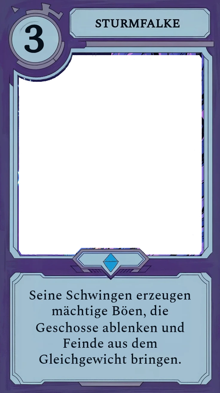 Eine animierte Stellar-Version einer Moonfall-Sturmfalken-Karte, die vor Bewegung schimmert.