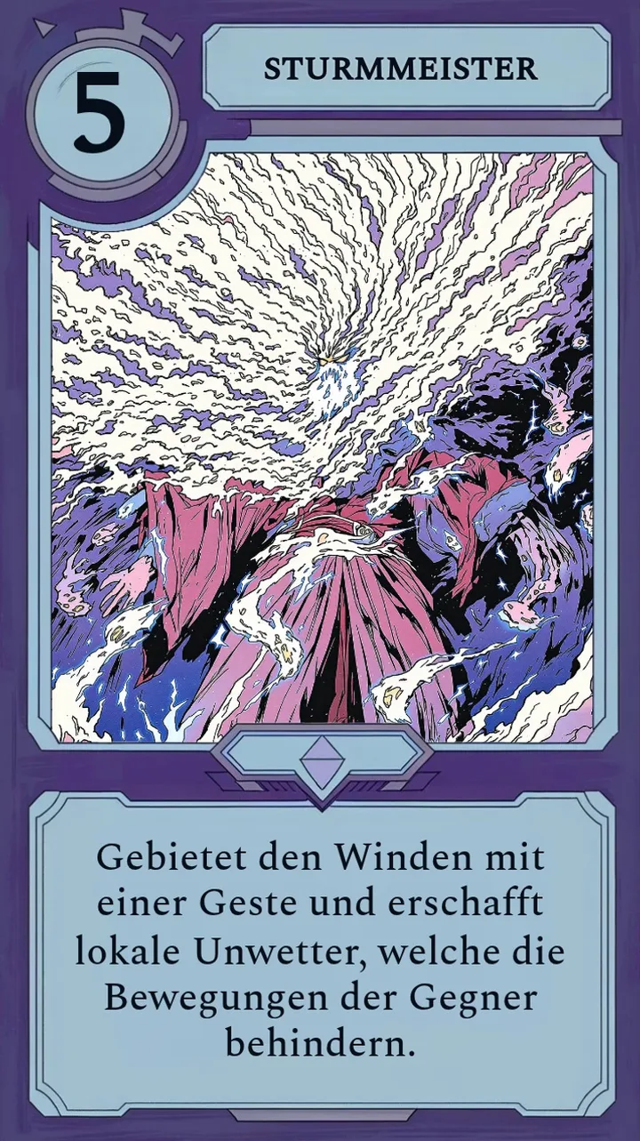 Die Moonfall-Karte Sturmmeister, ein Sturmzauberer, mit ihren Manakosten in der oberen Ecke.
