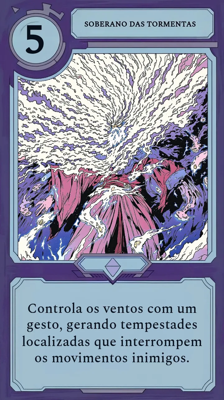 A carta de Moonfall Soberano das tormentas, um mago da tempestade, com o custo de mana no canto de cima.