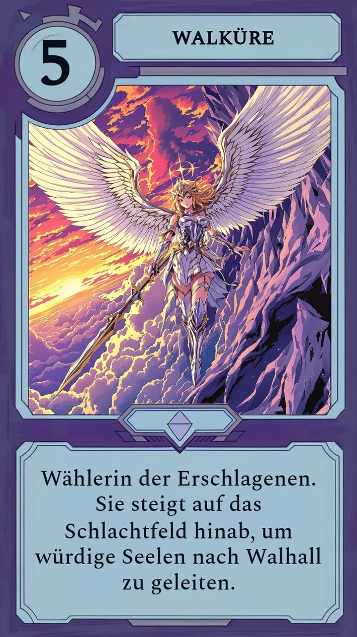 Eine Moonfall-Charakterkarte mit einer strahlenden Walküre mit weit ausgebreiteten Flügeln.