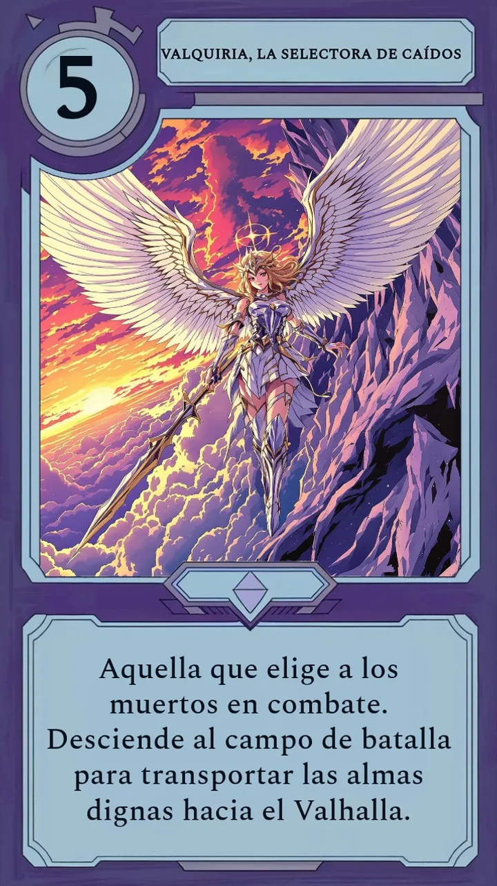 Una carta de personaje de Moonfall con una valquiria radiante de alas extendidas.