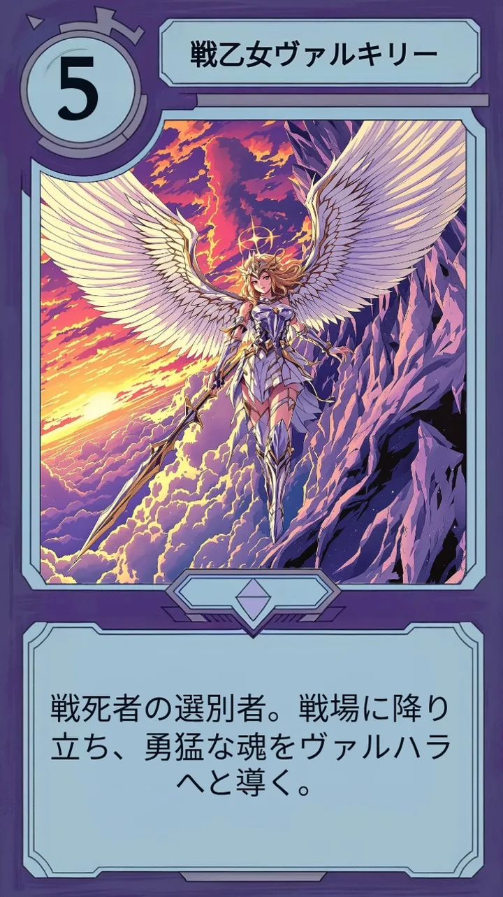 翼を大きく広げた輝くヴァルキリーの Moonfall キャラクターカード。