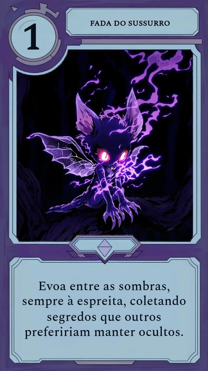 Uma fada sussurrante de luz suave flutuando por uma carta de Moonfall.