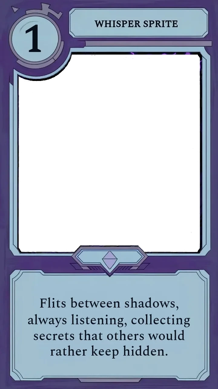 An animated Stellar Whisper Sprite card — the little fae flutters and listens inside its own frame.
