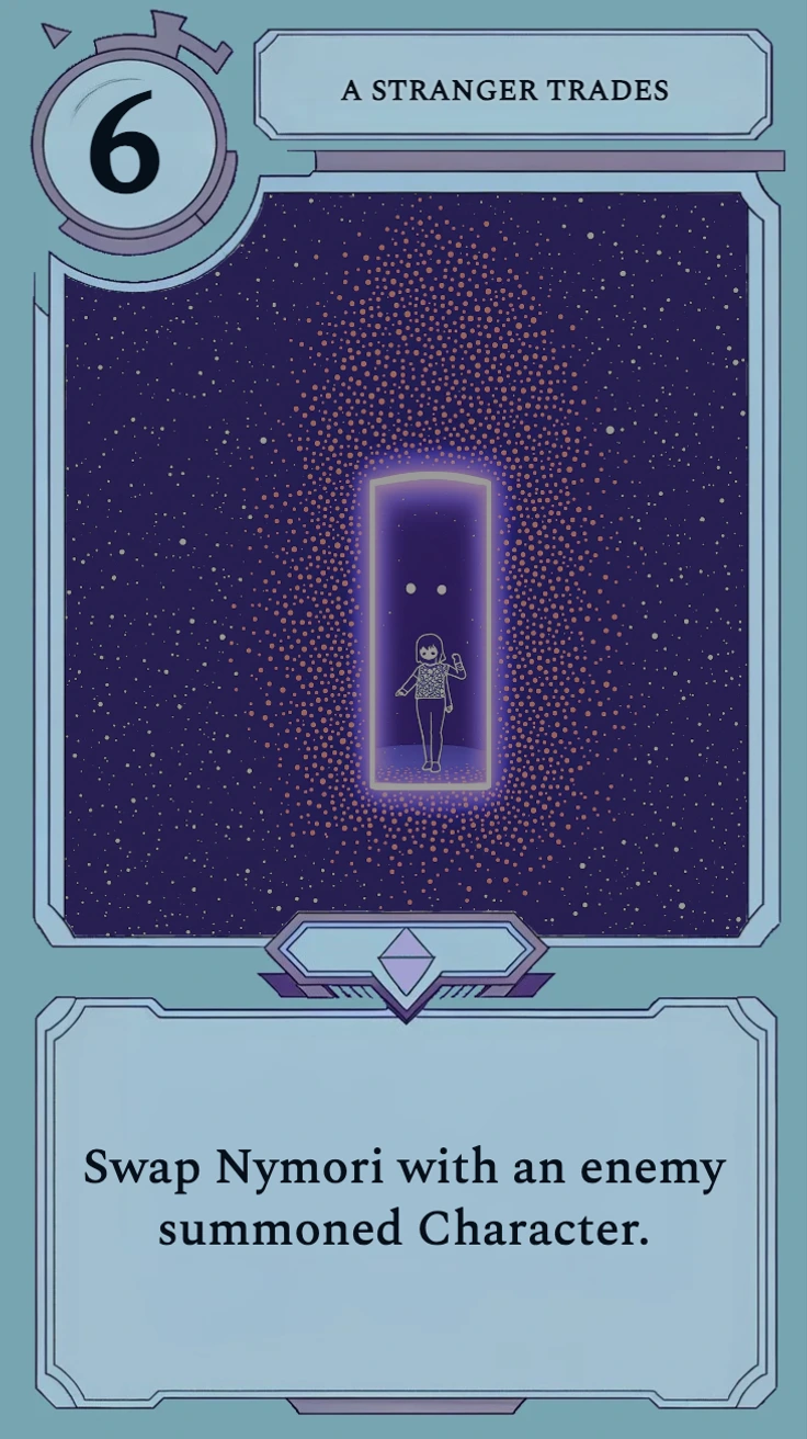card front for A Stranger Trades, a Nymori Spell that swaps her with an enemy summoned Character.