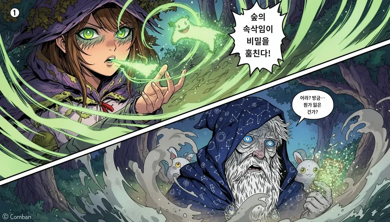 주문이 겨눠지자 보드 위로 떠오르는 숲의 정령.