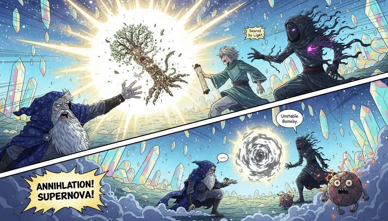 A supernova erupting across a Moonfall battlefield at the height of a duel.