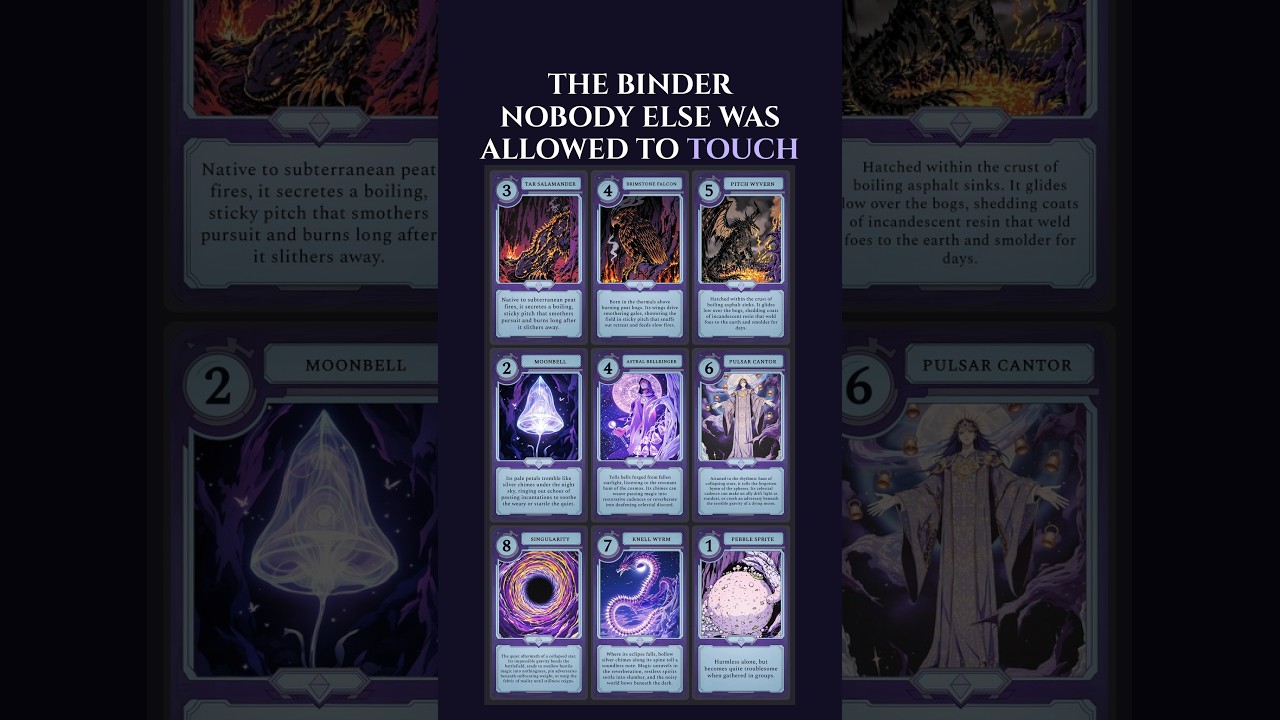 El fotograma del vídeo, una página de carpeta con nueve cartas de Moonfall bajo las palabras "La carpeta que nadie más podía tocar".
