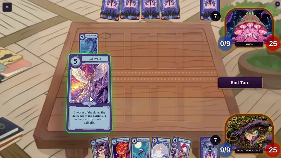 A match on the wooden table: the Valkyrie card is being played, the opponent's summoner Myca sits top right and the player's summoner Sylva Thornheart bottom right, both at 25 health.