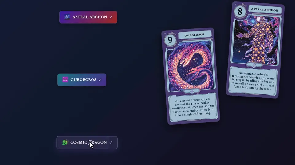 The Moon Foundry: the cards Astral Archon, Ouroboros and Cosmic Dragon, with Ouroboros and Astral Archon shown large.