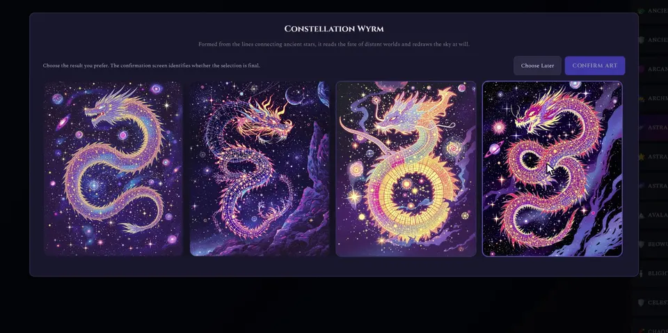 A newly discovered card, Constellation Wyrm, with four paintings to choose from.