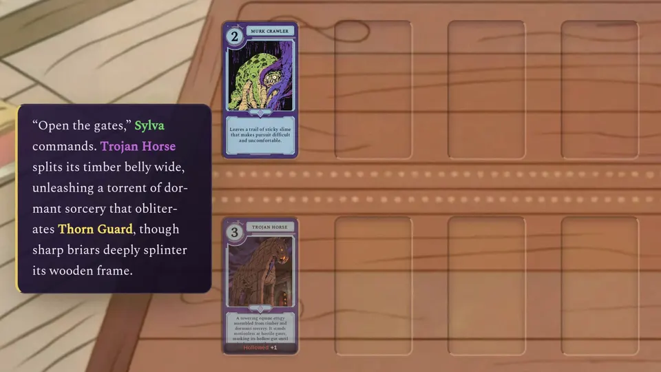 The storyteller's narration beside the board: the Trojan Horse splits its timber belly wide and destroys Thorn Guard.