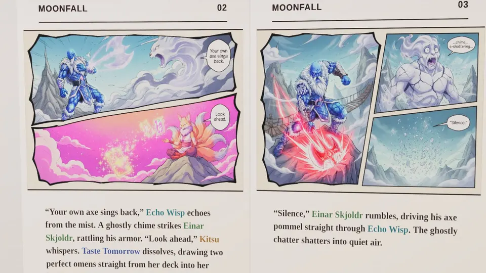 Two pages of a match's storybook: manga panels above the story text.