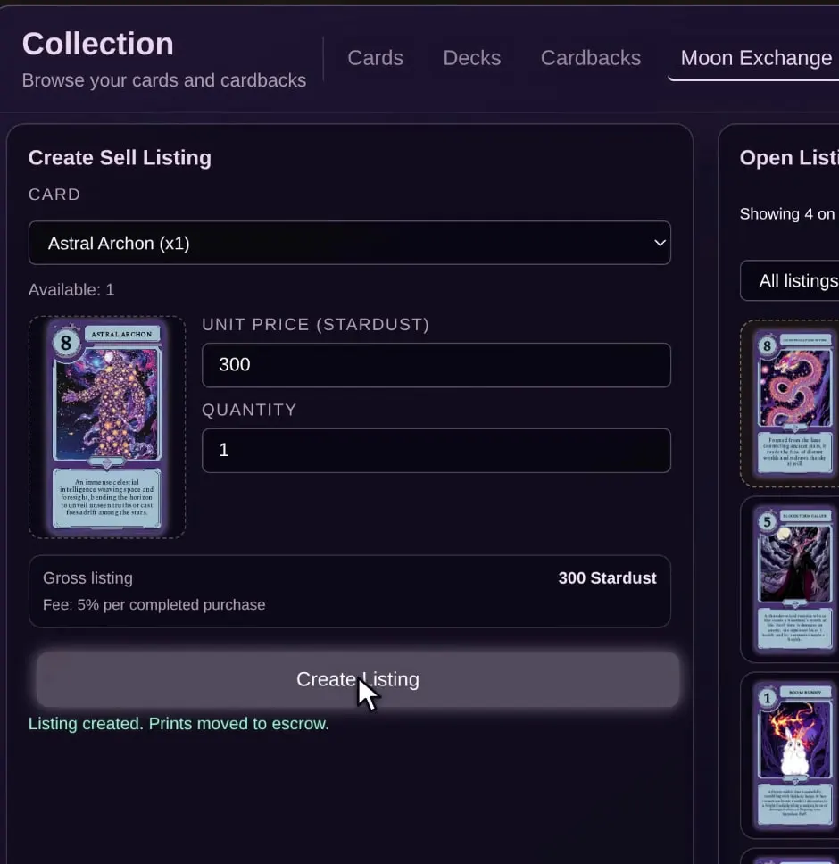 The Moon Exchange: a sell listing for the card Astral Archon at 300 Stardust.