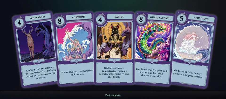 An opened card pack: Skinwalker, Poseidon, Bastet, Quetzalcoatl and Aphrodite.