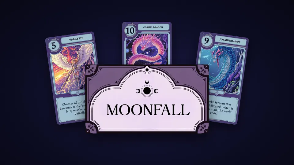 The Moonfall logo in front of three cards: Valkyrie, Cosmic Dragon and Jormungandr.