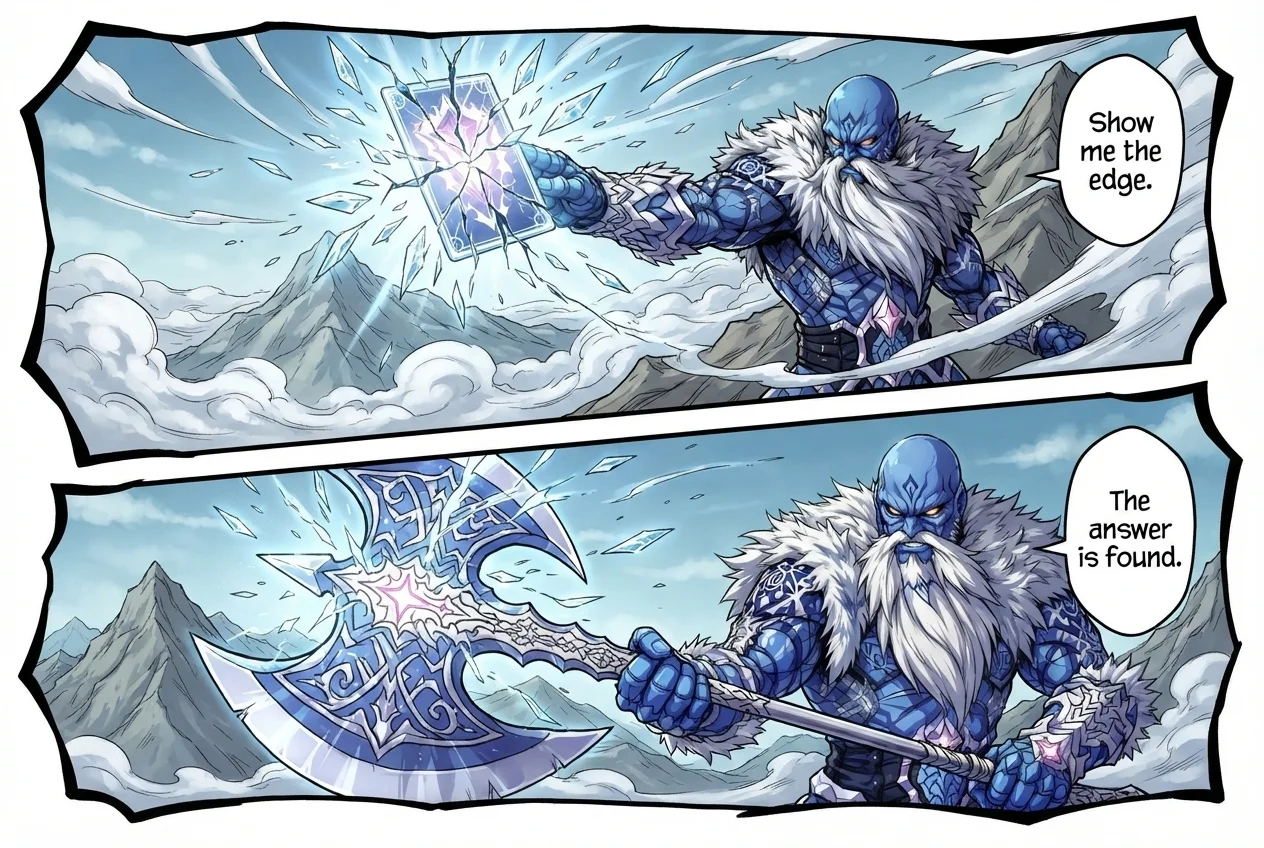 A manga page in two panels: Einar Skjoldr, a blue-skinned warrior with a white beard and a fur mantle, shatters a glowing card in the mountain wind, saying “Show me the edge.”, then holds up a great ice-blue axe: “The answer is found.”
