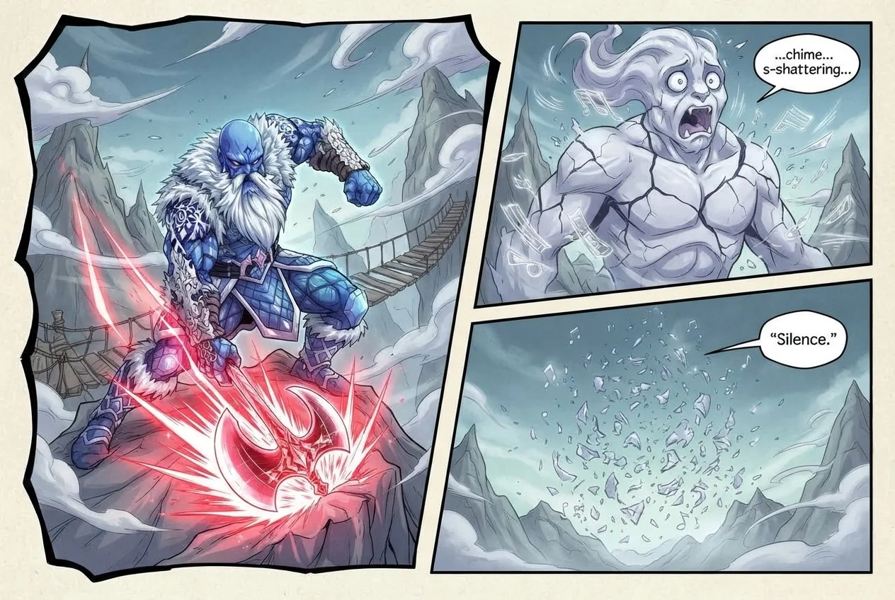 A manga page: Einar Skjoldr drives a glowing red axe into the rock while a pale spirit, Echo Wisp, cracks apart (“…chime… s-shattering…”) and bursts into shards (“Silence.”).
