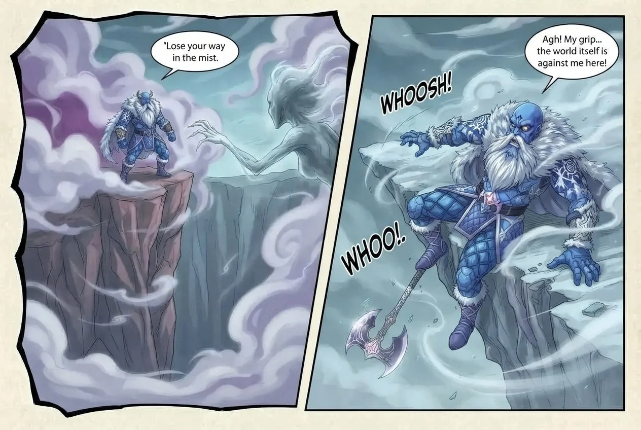 A manga page: Mist Weaver, a spirit of mist, wraps Einar Skjoldr in fog on a cliff edge (“Lose your way in the mist.”), and he slips, losing his grip (“Agh! My grip… the world itself is against me here!”).