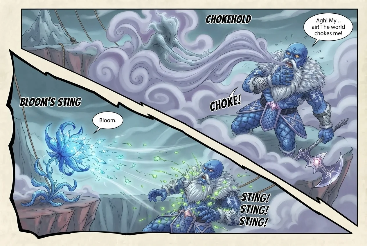 A manga page: Mist Weaver pours freezing cloud into Einar Skjoldr's lungs (“Agh! My… air! The world chokes me!”), and a blue Moonbloom flower stings him with its spores (“Bloom.”).