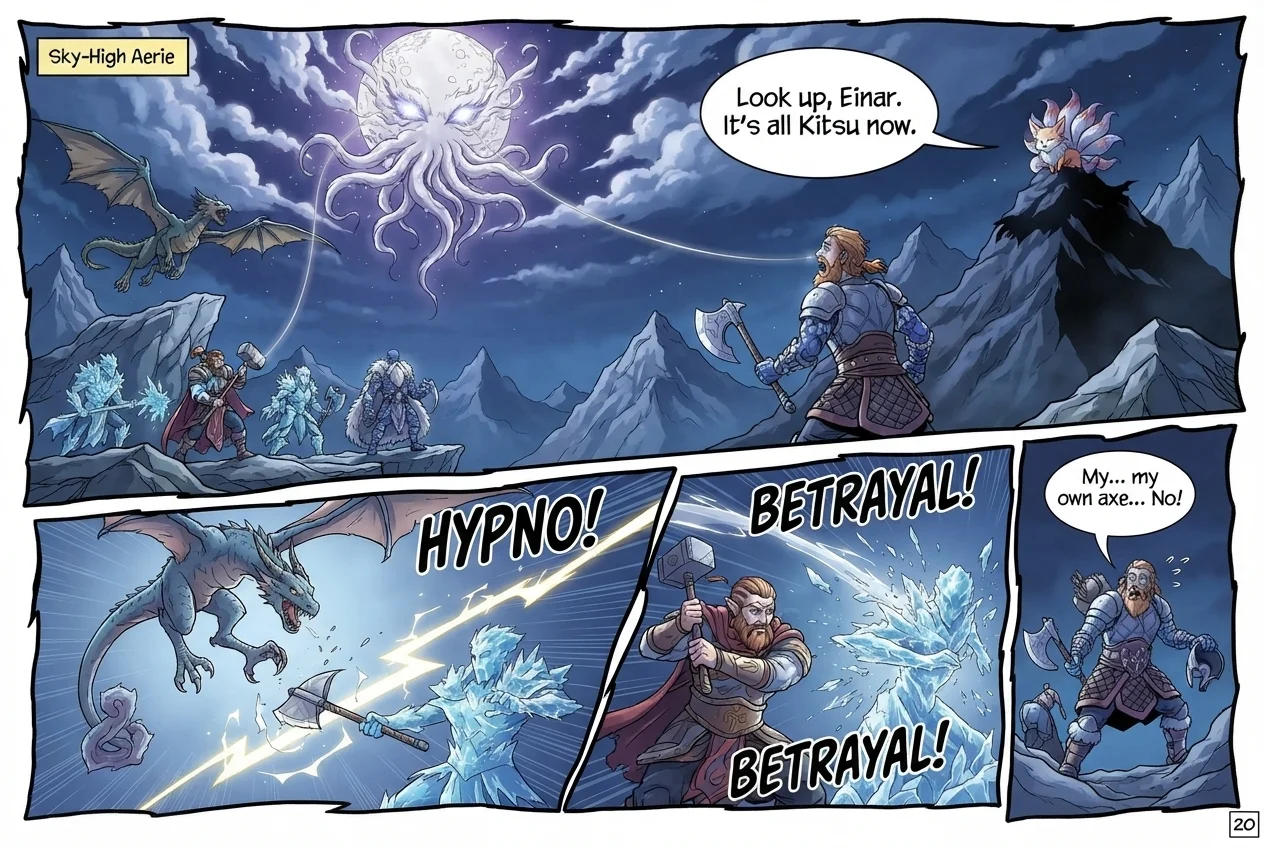 A manga page at the Sky-High Aerie: a moon with tentacles glows over the mountains while Kitsu, a nine-tailed fox, says “Look up, Einar. It's all Kitsu now.”, and Einar's own warband turns its blades on him (“My… my own axe… No!”).