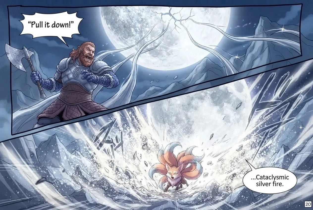 A manga page: Einar Skjoldr, drawn here as a red-bearded warrior, roars “Pull it down!” as the cracked moon falls, and Kitsu the nine-tailed fox stands in a blast of silver fire.
